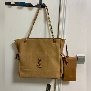 Yves Saint Laurent Tan Suede Tote with Gold Chain Straps